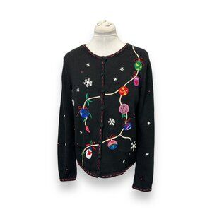 Vintage Pappagallo Womens Festive Christmas Sweater Embroidered Ornaments S